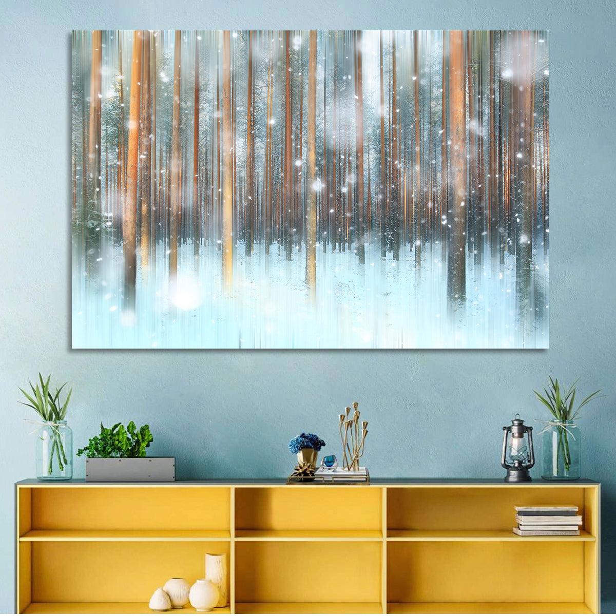 Ethereal Snowy Pine Forest Wall Art in a room, landscape