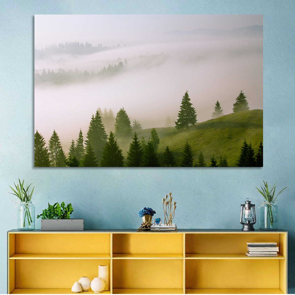 Summer Mist Over Green Hills Wall Art in a room, landscape
