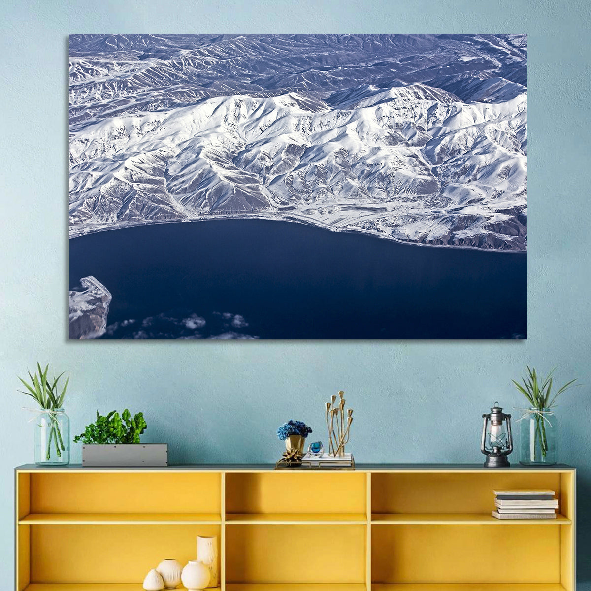 Lake Sevan Aerial Winter View Wall Art in a room, landscape