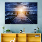 Sunlit Wooden Jetty at Dusk Wall Art