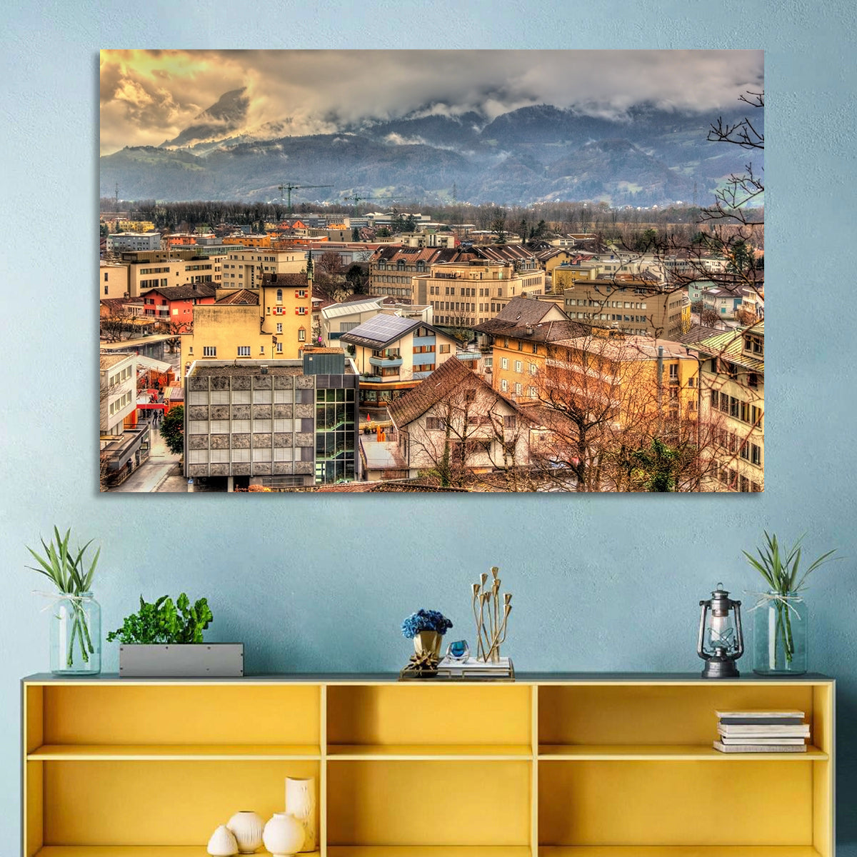 Vaduz Autumn Cityscape Wall Art in a room, landscape
