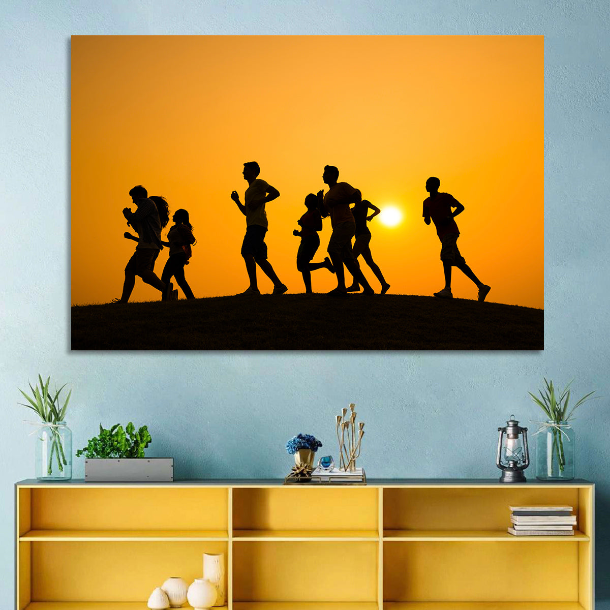 Six Runners Silhouette at Golden Sunset Wall Art in a room, landscape
