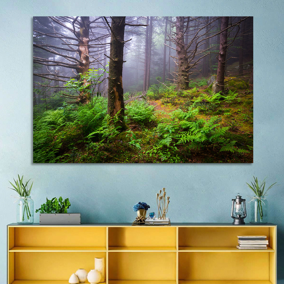 Misty Spruce-fir Trail Wall Art in a room, landscape
