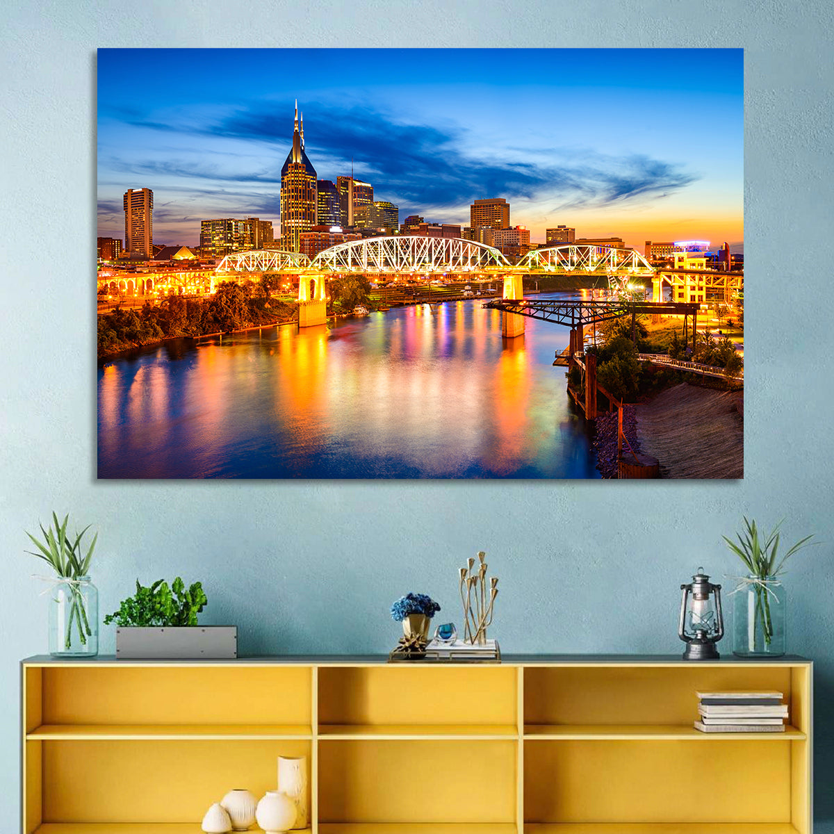 Nashville Skyline at Twilight Bridge Reflections Wall Art in a room, landscape