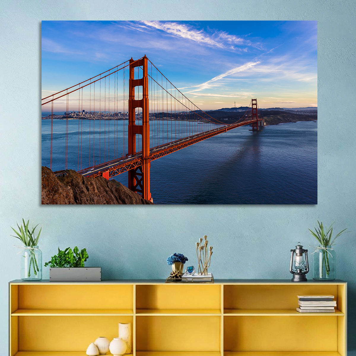 Golden Gate Bridge at Golden Hour Wall Art in a room, landscape