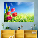 Dewy Red Tulips Under Blue Sky Wall Art
