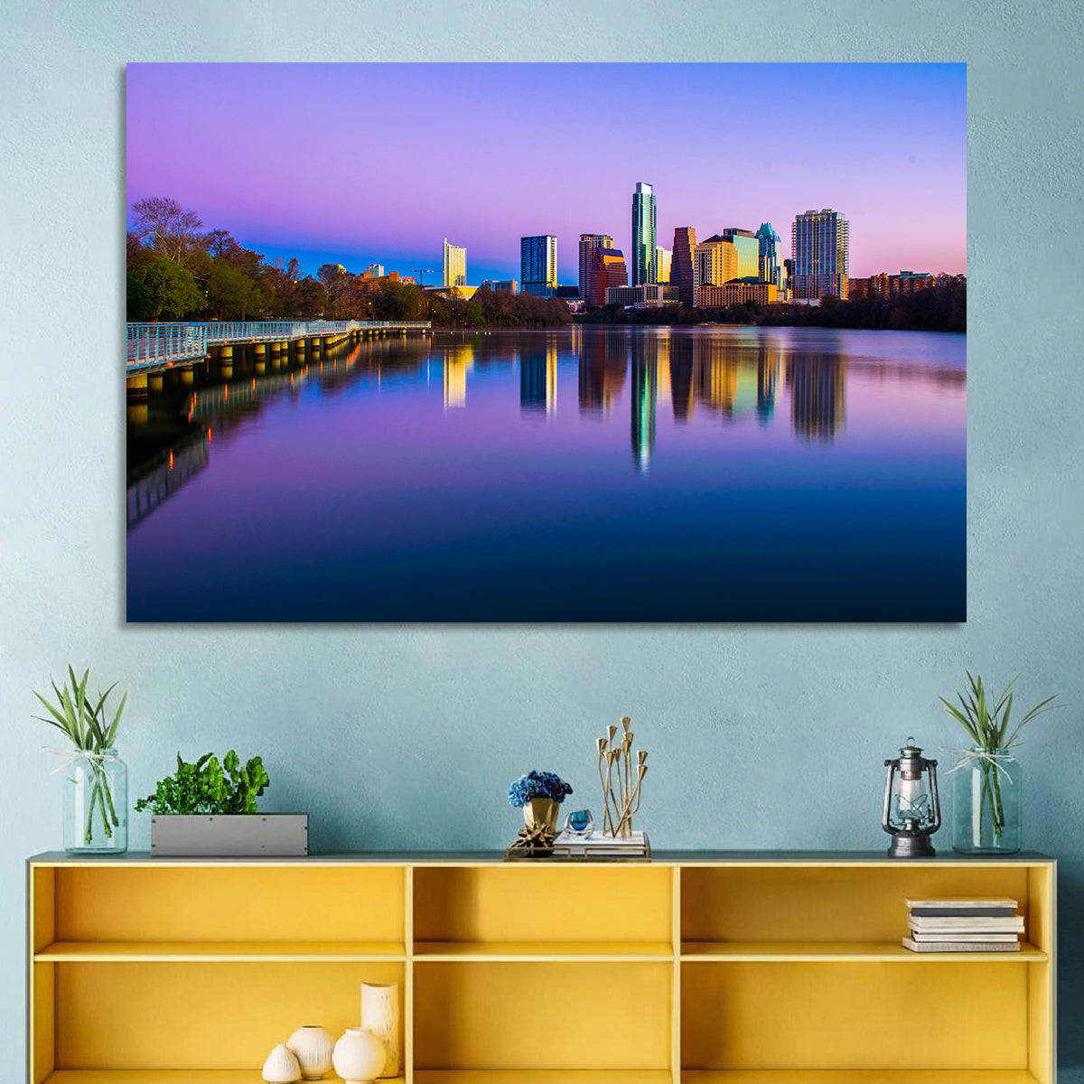 Austin Skyline Reflection at Twilight Wall Art in a room, landscape
