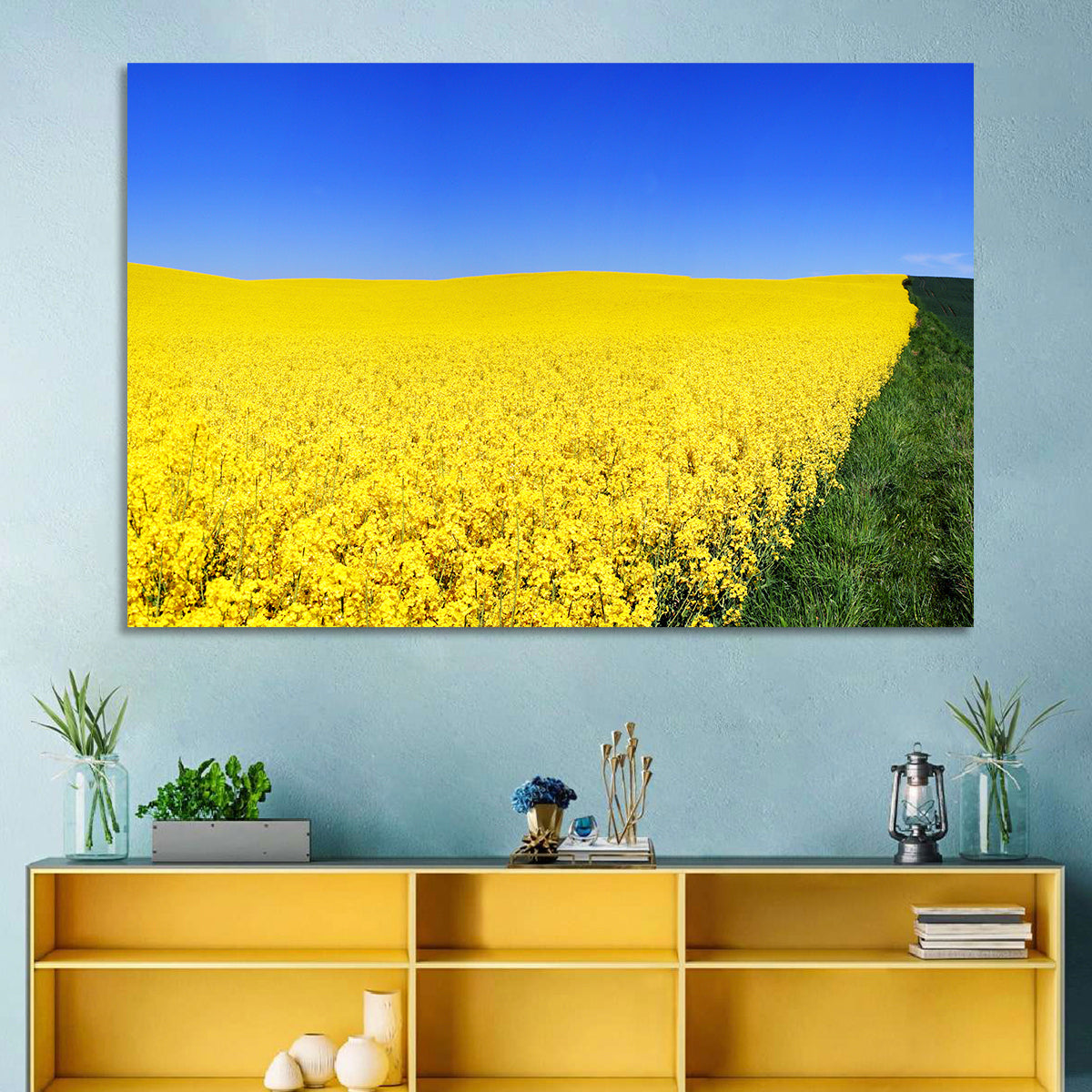 Sunlit Rapeseed Field Wall Art in a room, landscape