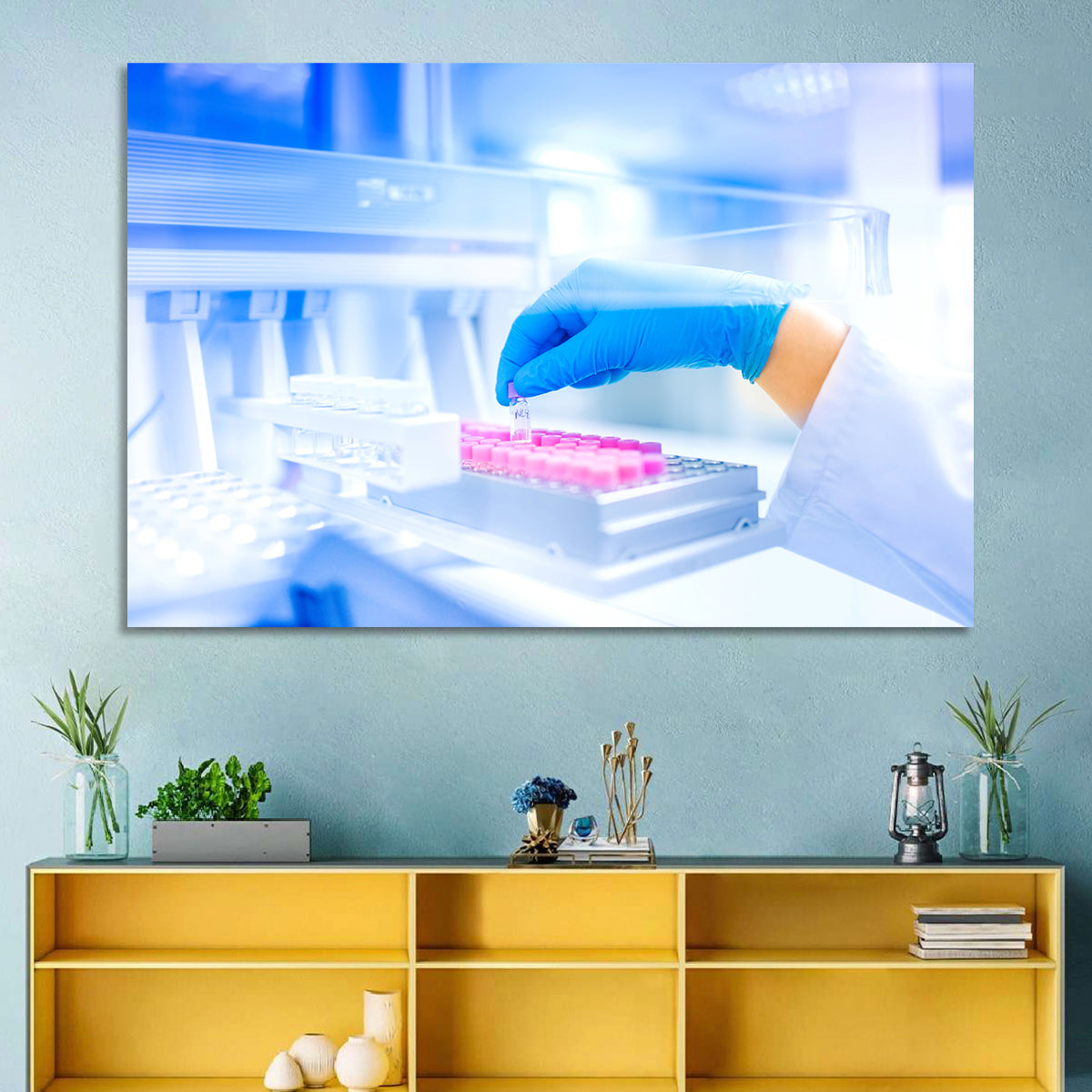 Gloved Hand with Vial and Pink-capped Tubes Wall Art in a room, landscape