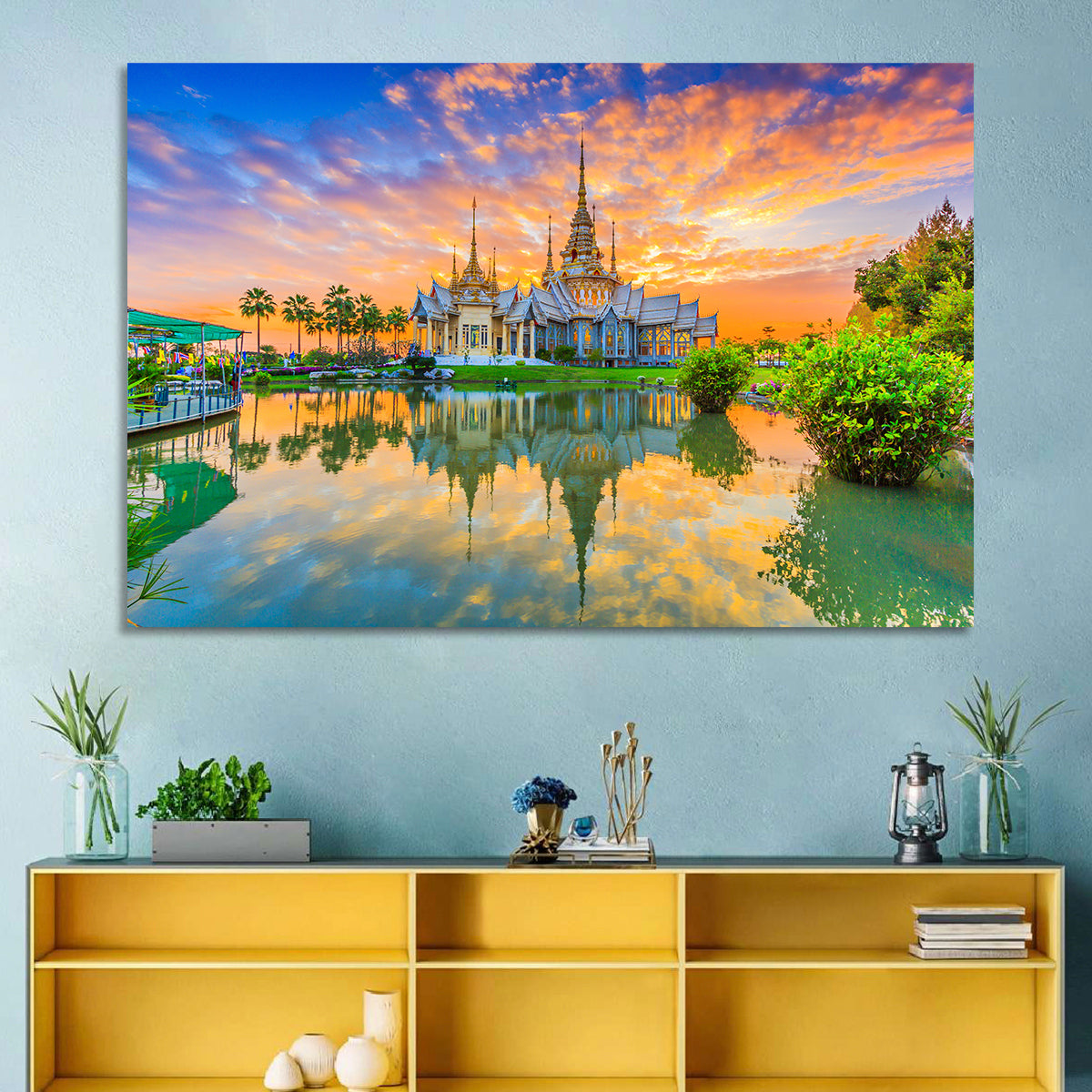 Wat Non Kum Sunset Reflection Wall Art in a room, landscape