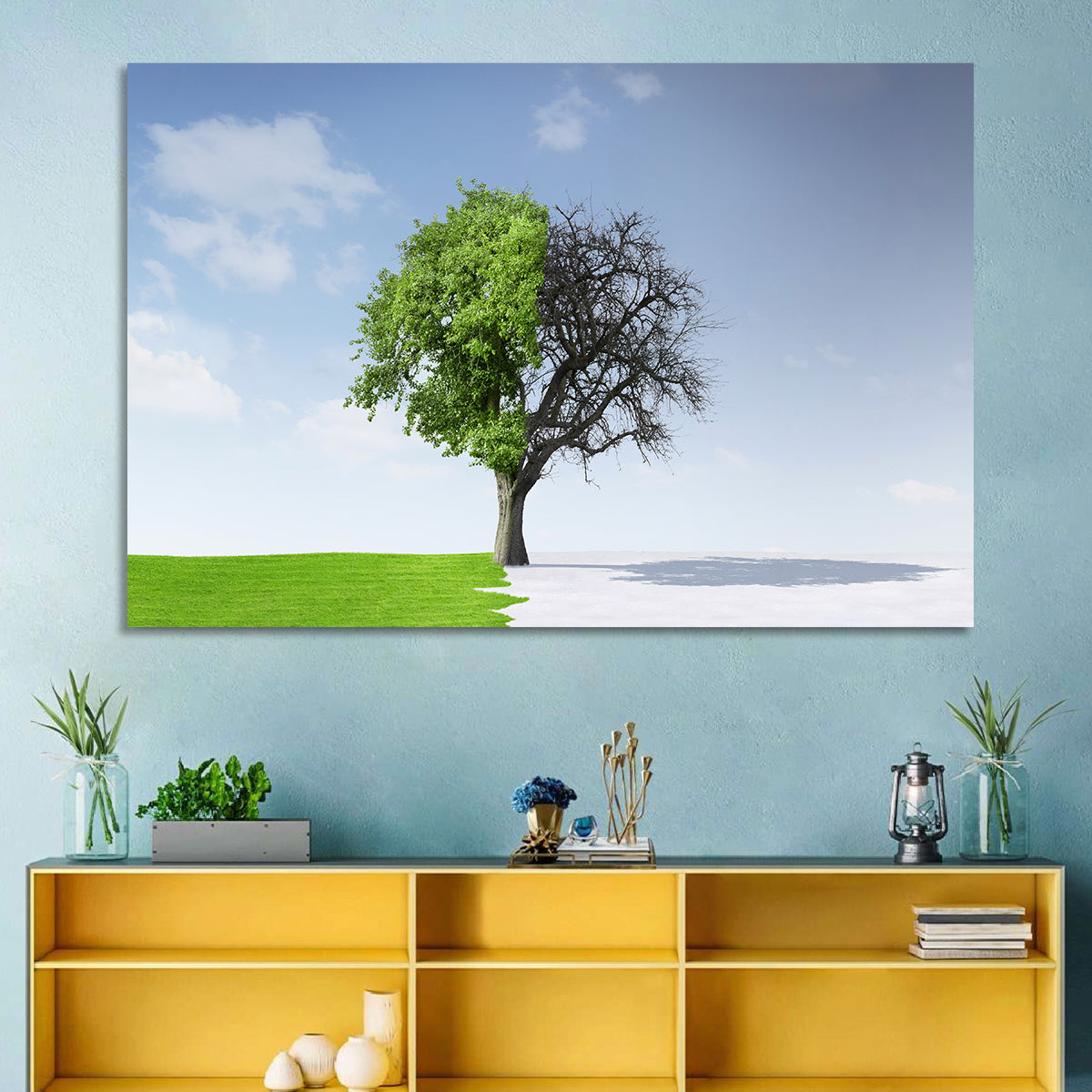 Split Seasons Tree Wall Art in a room, landscape