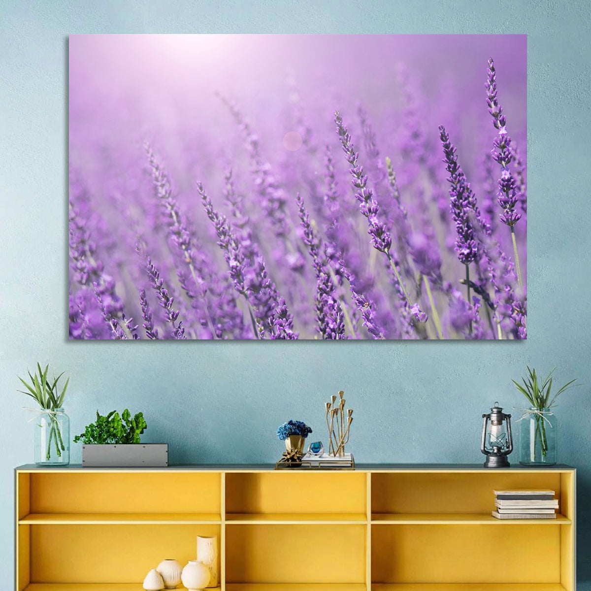 Sunlit Lavender Field Wall Art in a room, landscape