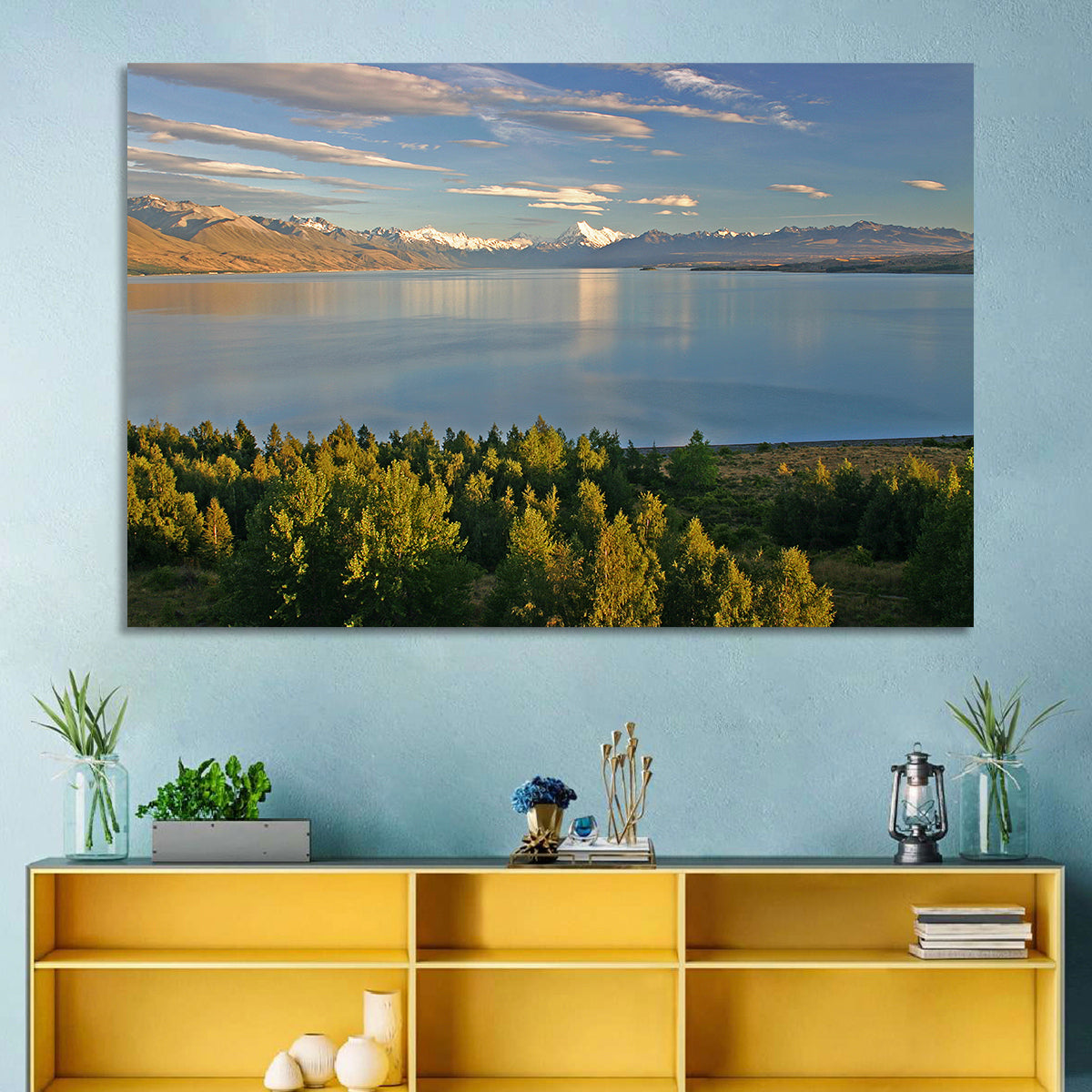 Lake Pukaki Reflections with Mount Cook Wall Art in a room, landscape