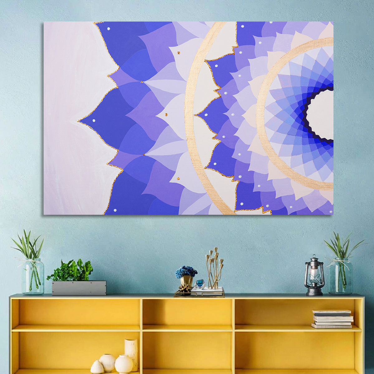Sahasrara Chakra Lotus Mandala Wall Art in a room, landscape