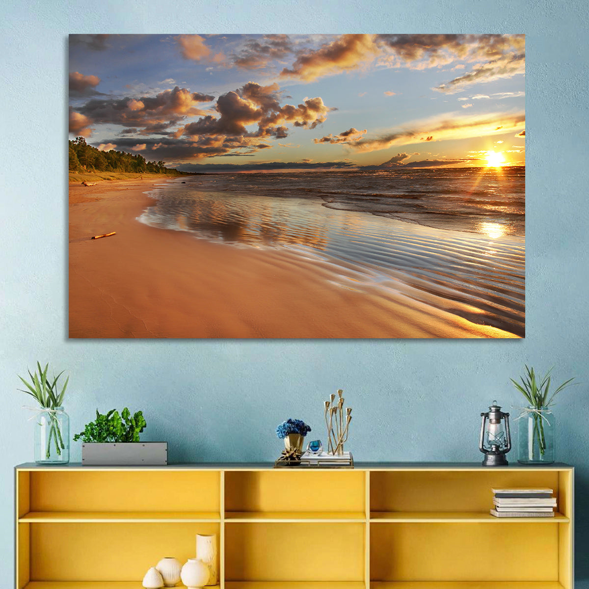 Lake Huron Sunset Beach Wall Art in a room, landscape