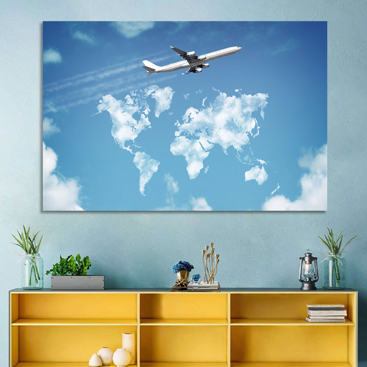 Jet Over Cloud World Map Wall Art in a room, landscape