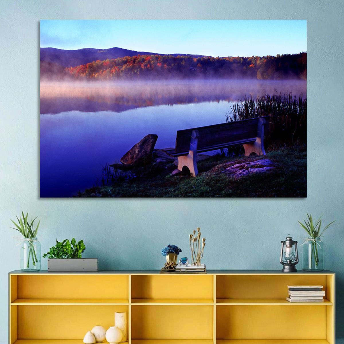 Bench at Misty Lake Sunrise Wall Art