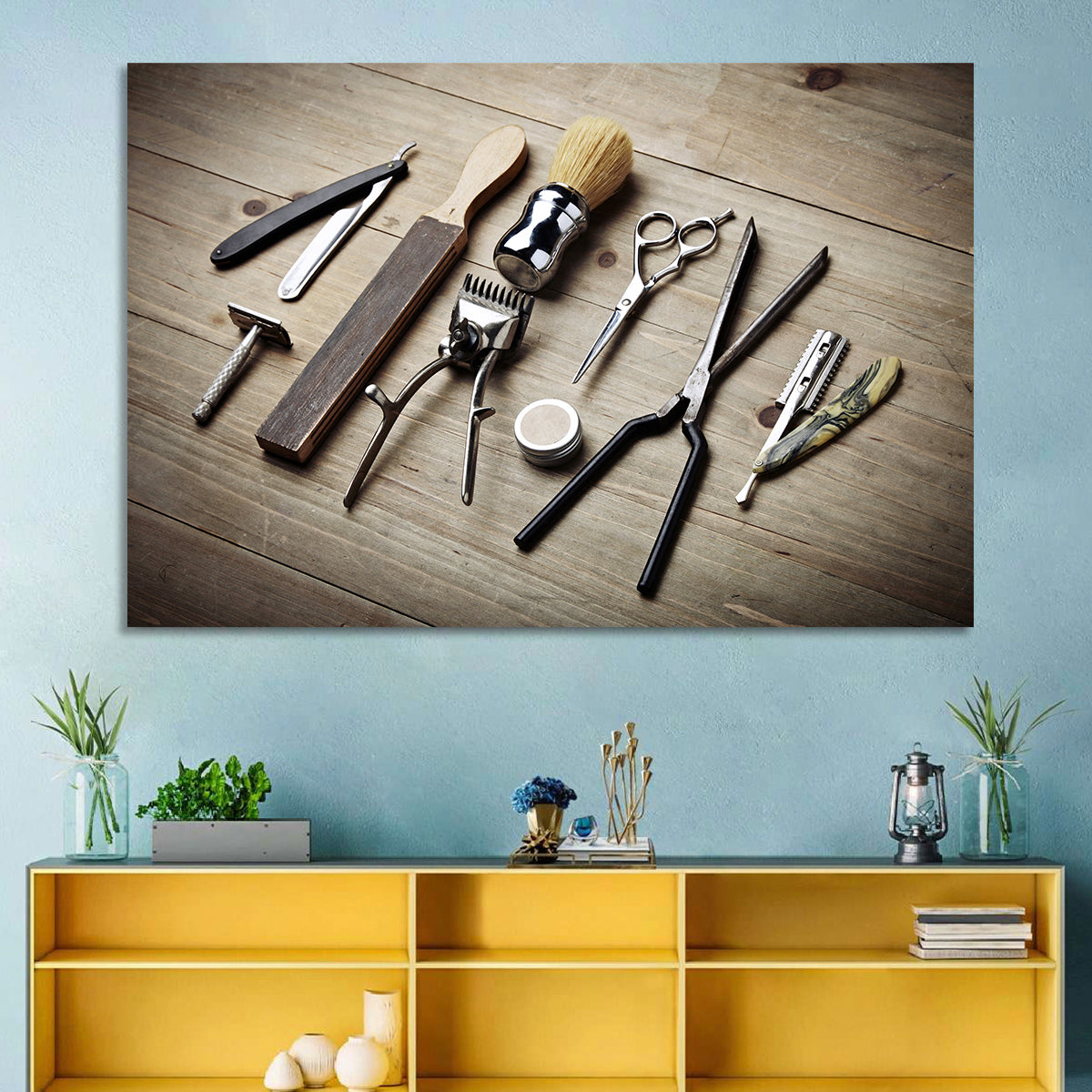 Vintage Barber Tools on Wooden Workbench Wall Art