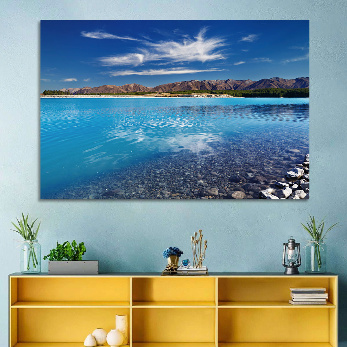 Lake Pukaki Pebble Shore Wall Art in a room, landscape