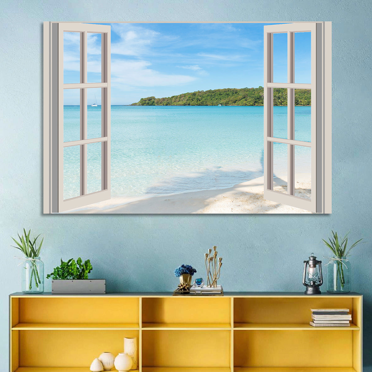 Turquoise Beach View Through Window Wall Art in a room, landscape