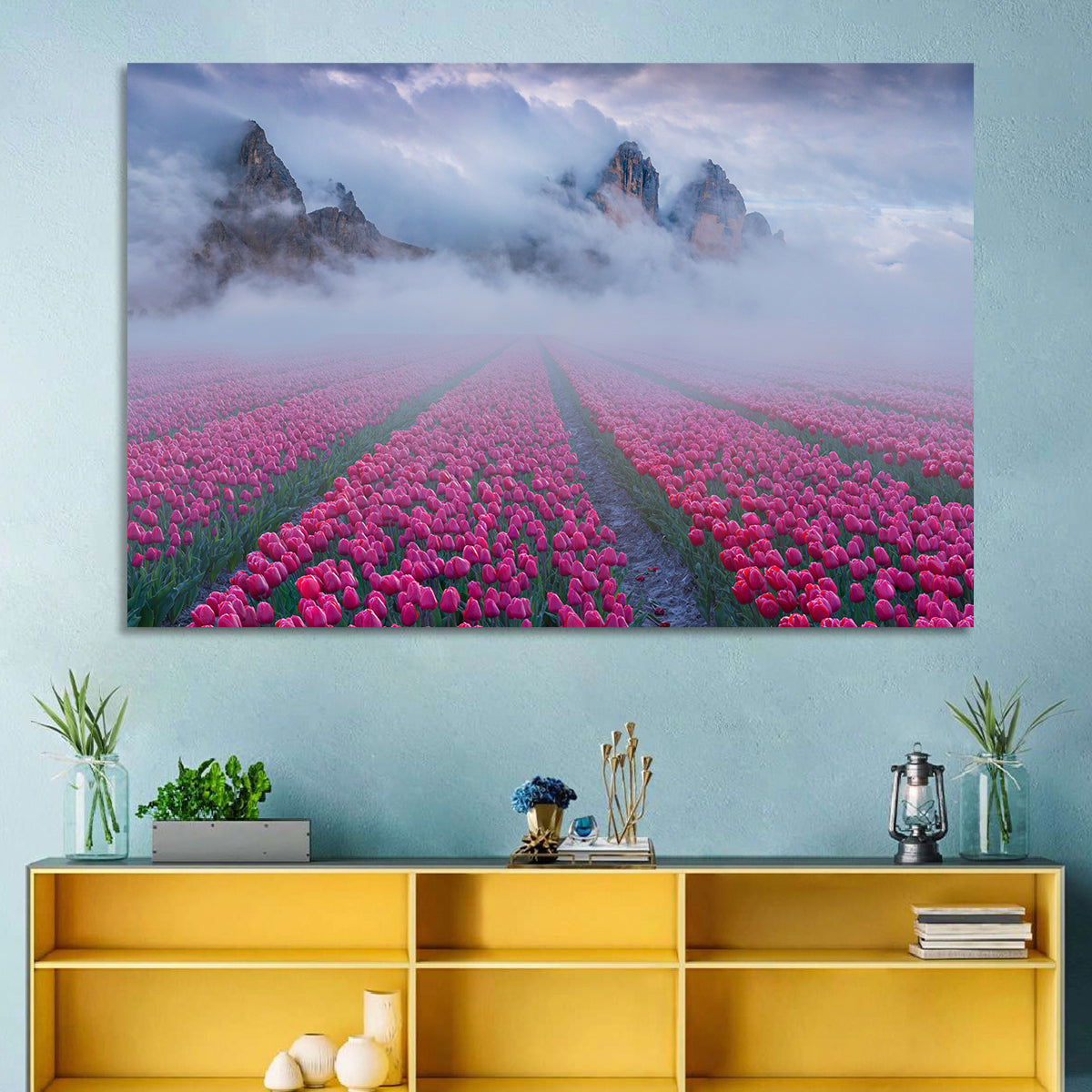 Misty Pink Tulip Field Wall Art in a room, landscape