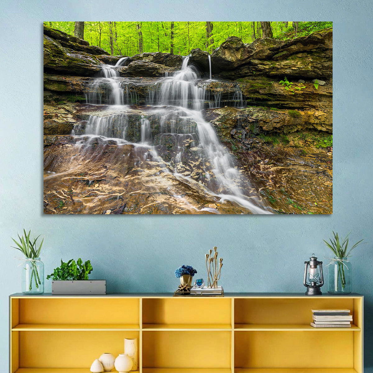 Mossy Ledge Waterfall Wall Art in a room, landscape