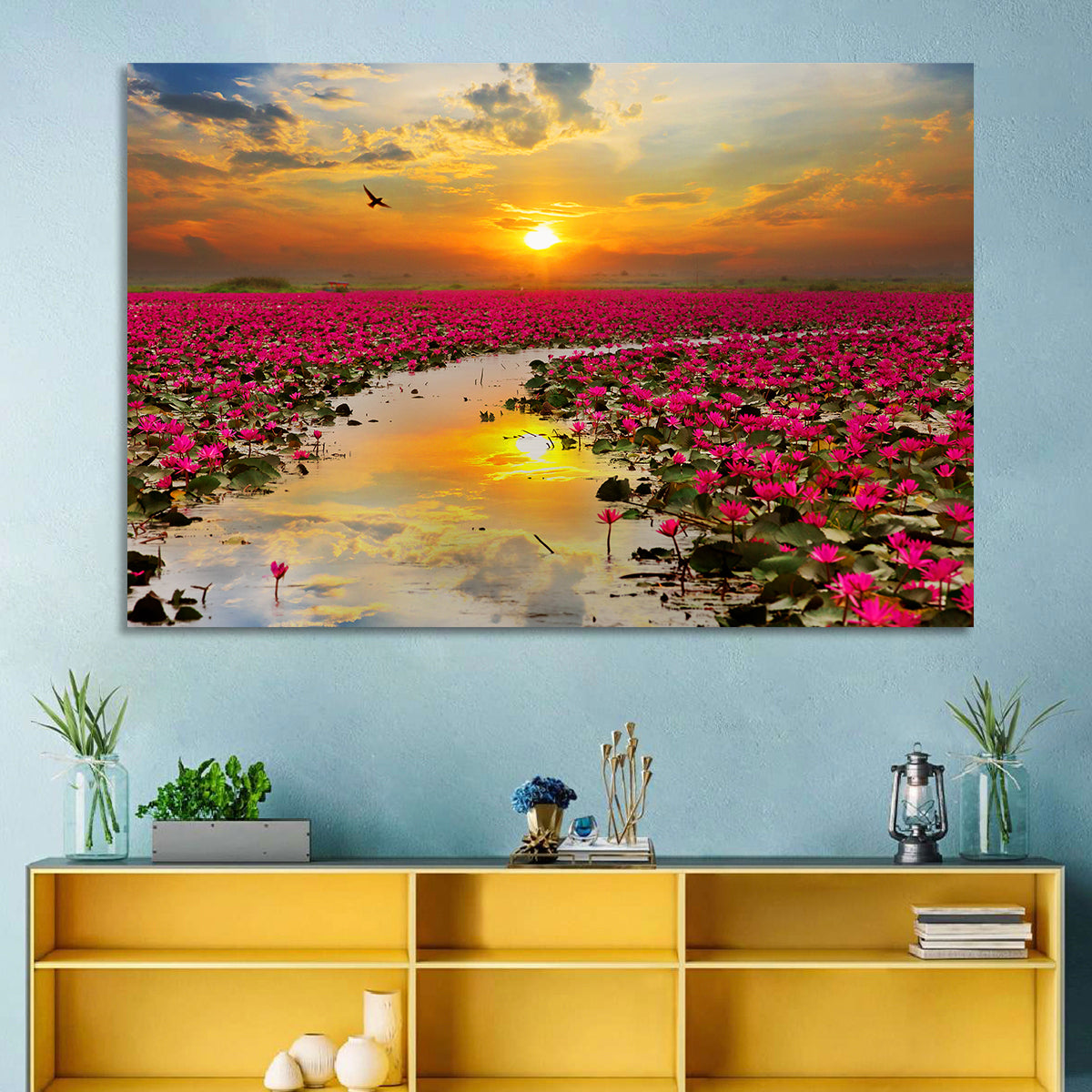 Golden Hour Lotus Field Wall Art in a room, landscape