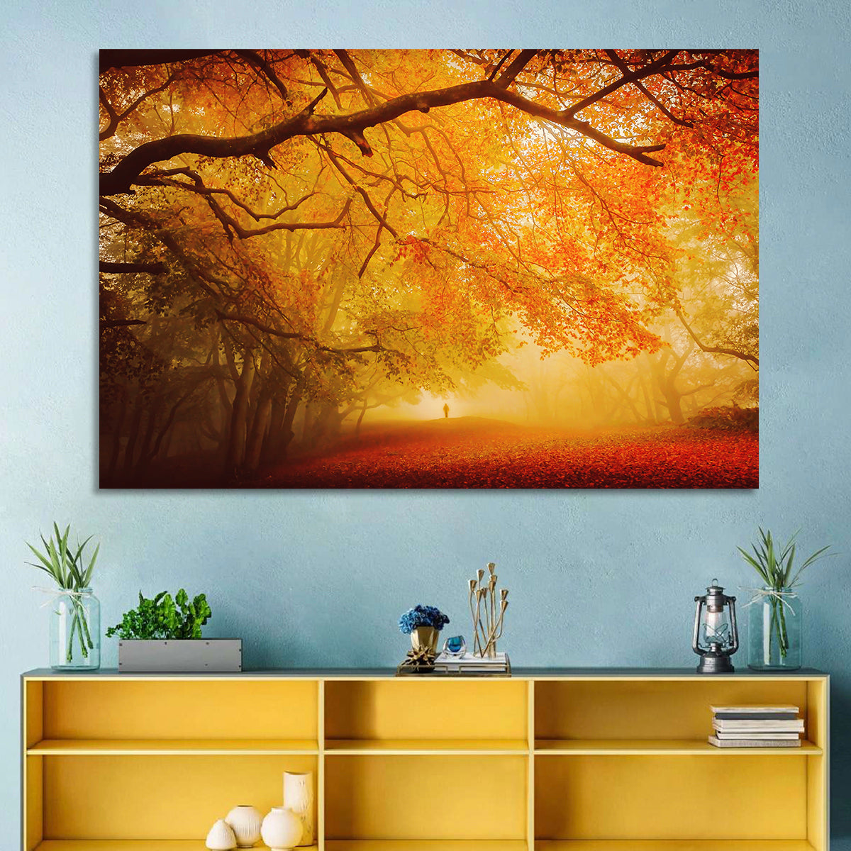 Autumn Forest Path with Lone Figure Wall Art in a room, landscape