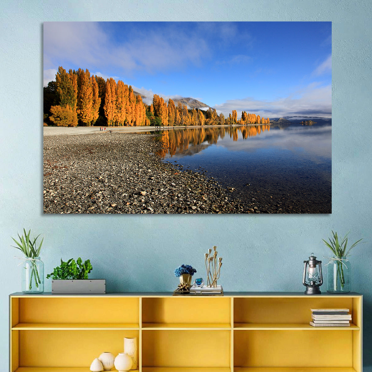 Lake Wanaka Golden Reflection Wall Art in a room, landscape