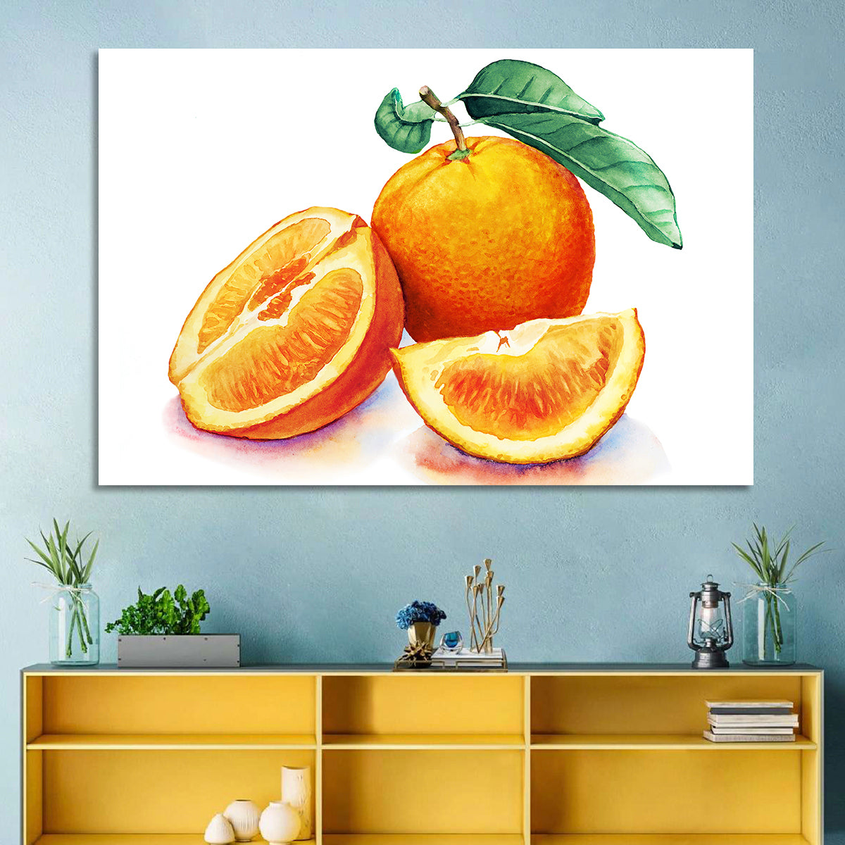 Watercolor Orange Still Life Wall Art in a room, landscape