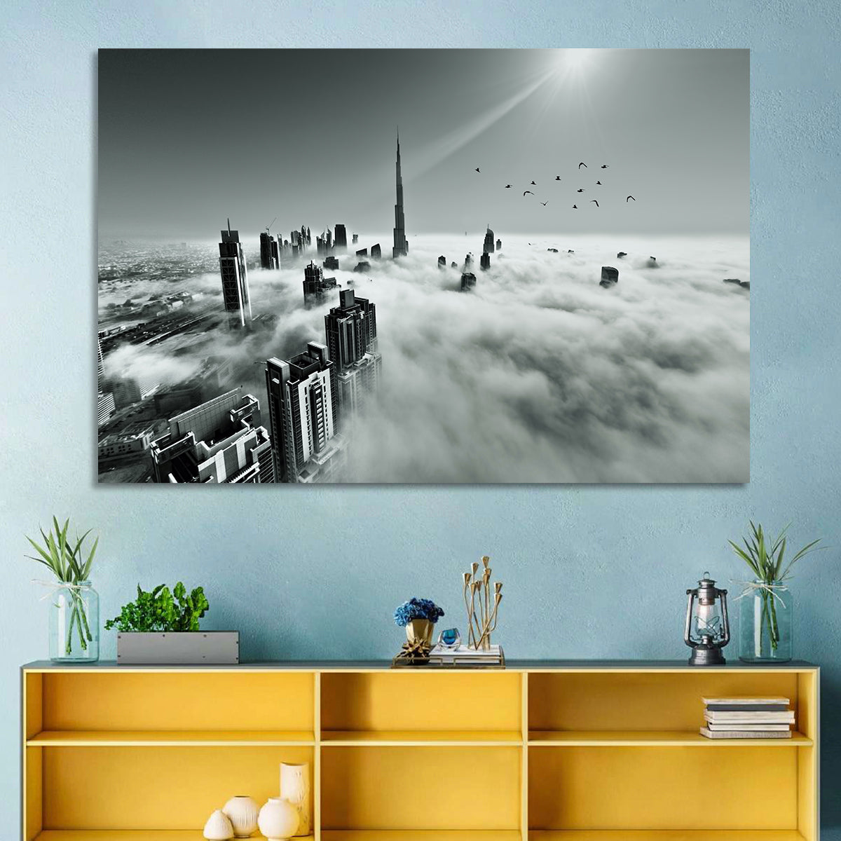 Burj Khalifa Rising Through Morning Fog Wall Art in a room, landscape