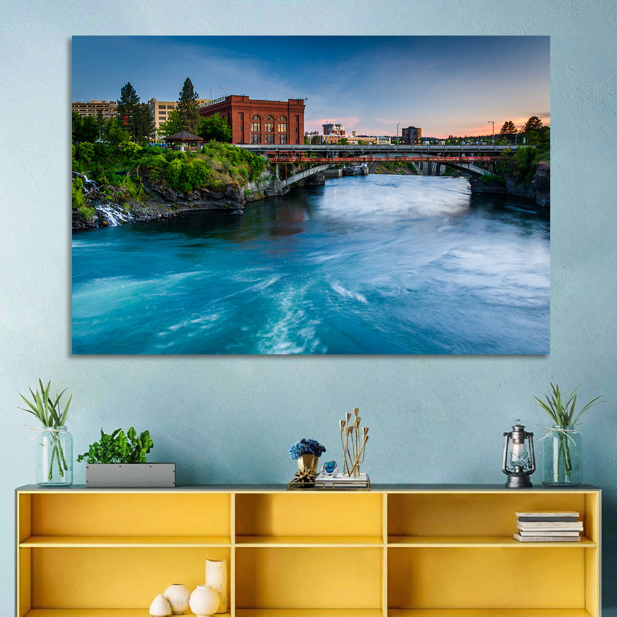 Spokane River at Twilight Wall Art in a room, landscape
