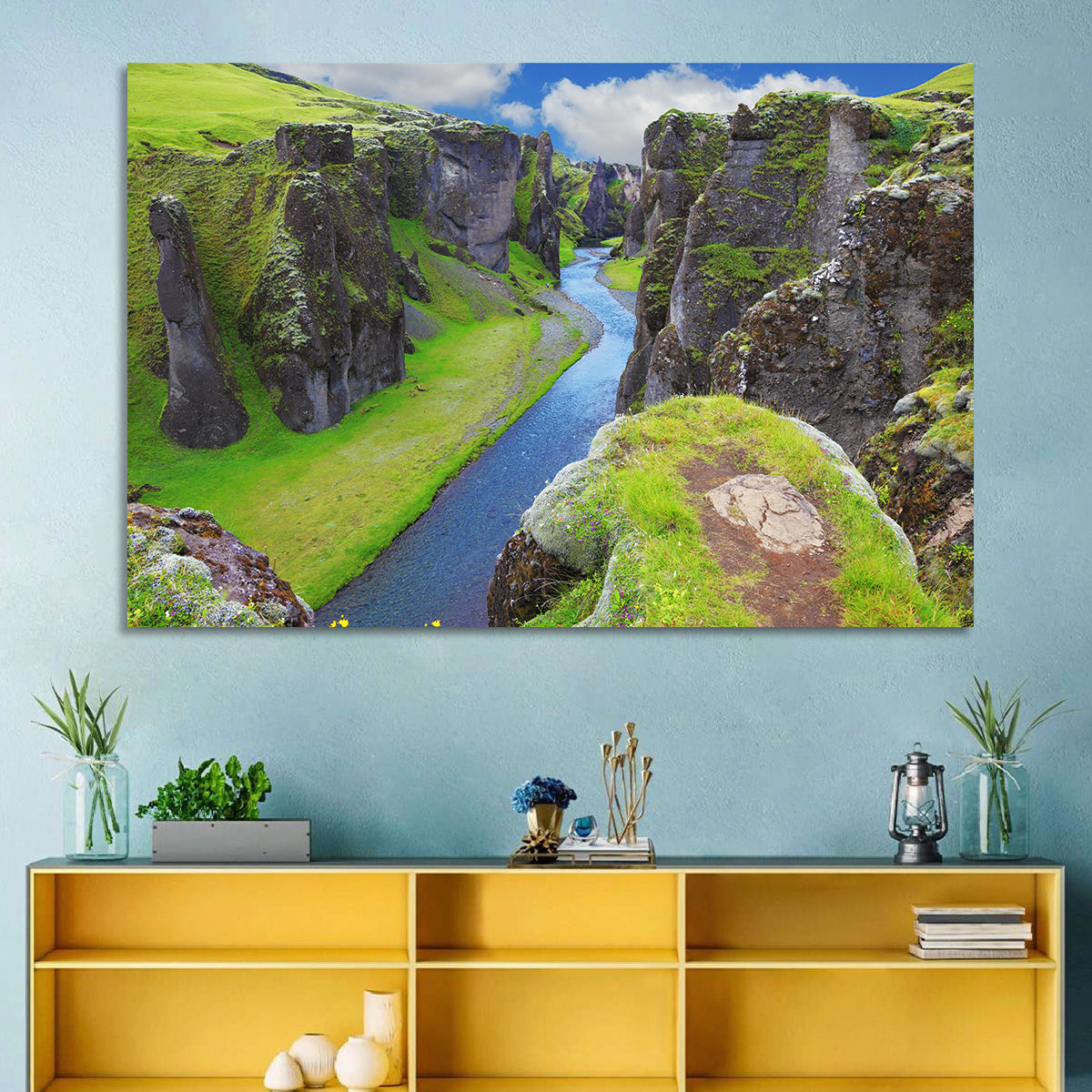 Neverland Cliffs, Fjaðrárgljúfur Canyon Wall Art in a room, landscape