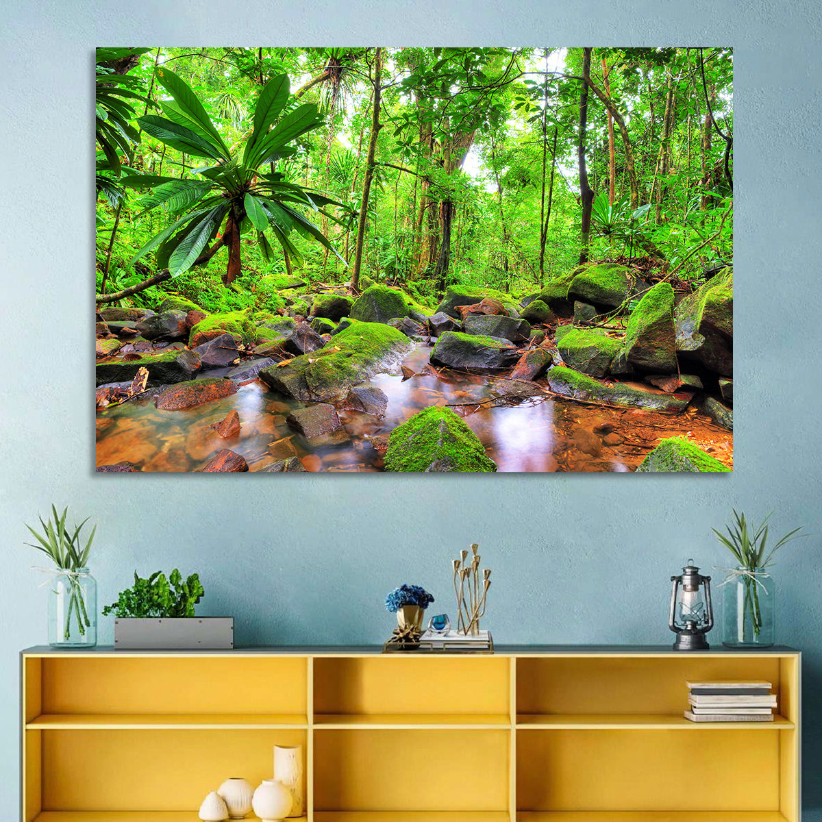 Mossy Rainforest Stream Wall Art in a room, landscape