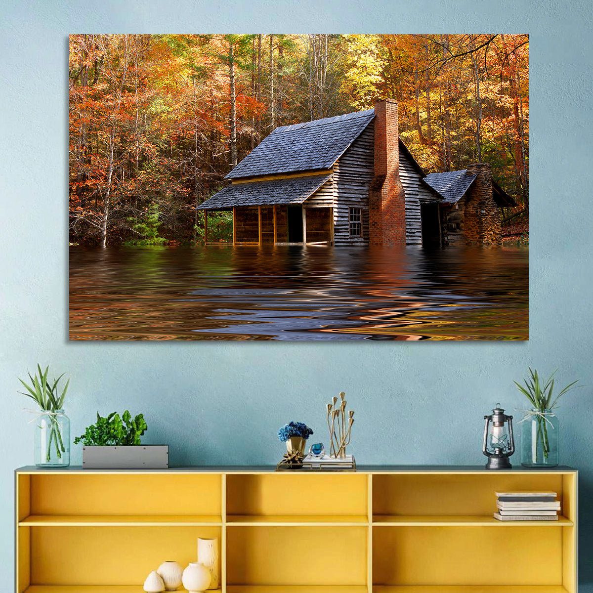 Autumn Flooded Log Cabin Wall Art