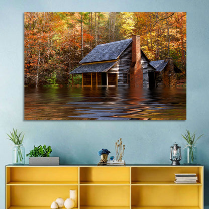 Autumn Flooded Log Cabin Wall Art