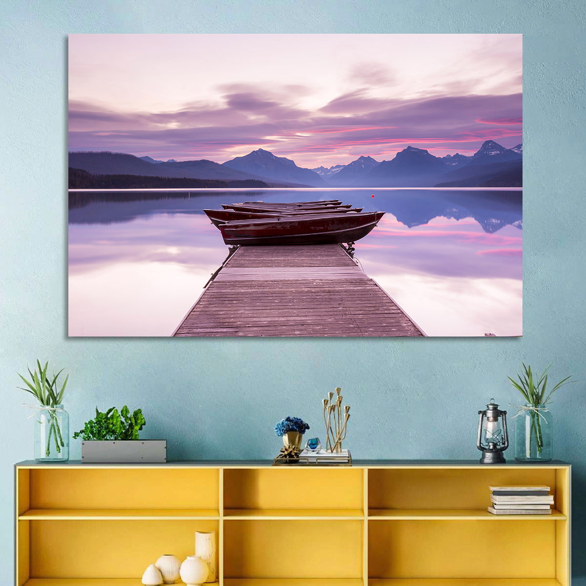 Lake Mcdonald Sunset Dock Wall Art in a room, landscape