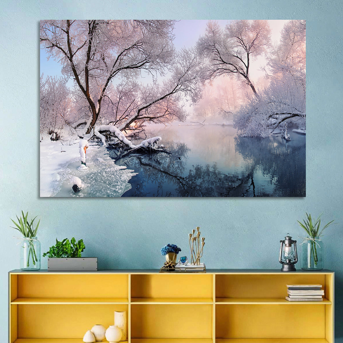 Snowy Lake Morning Mist Wall Art
