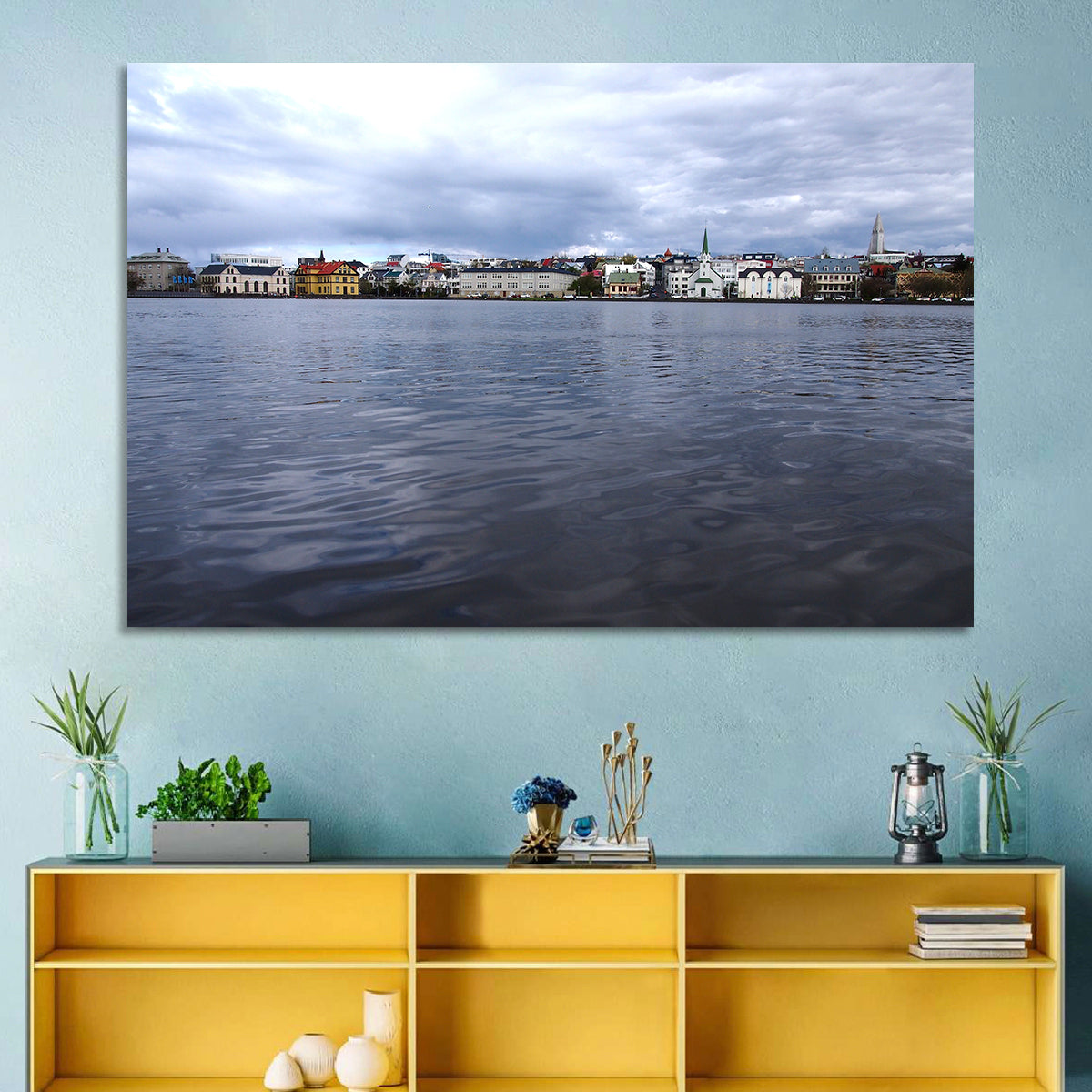 Tjörnin Reykjavik Skyline Wall Art in a room, landscape