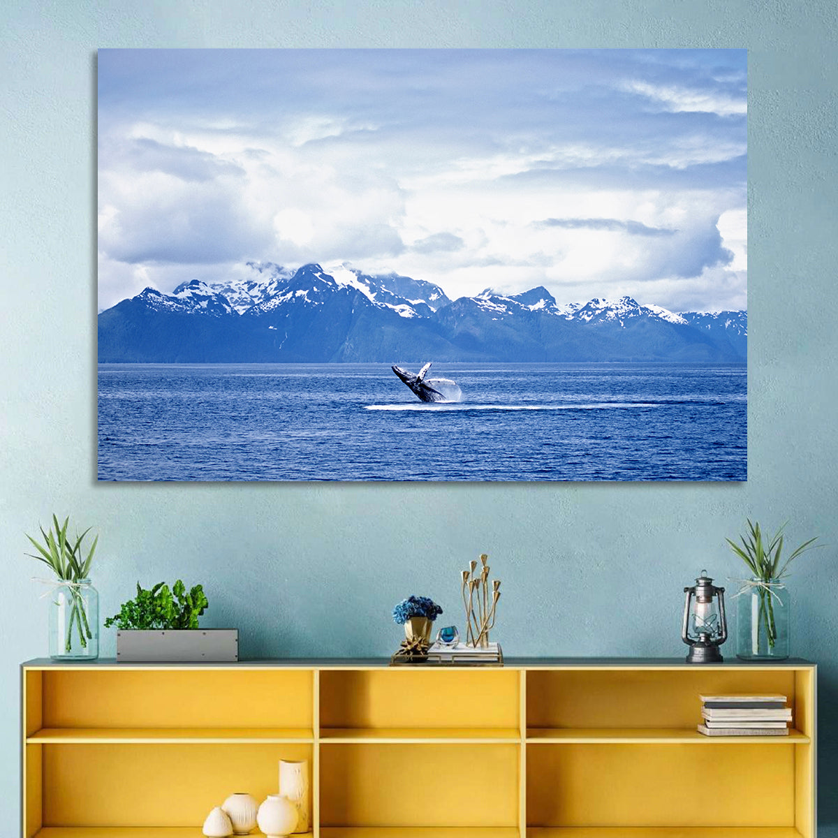 Humpback Whale with Snow Capped Mountains Wall Art in a room, landscape
