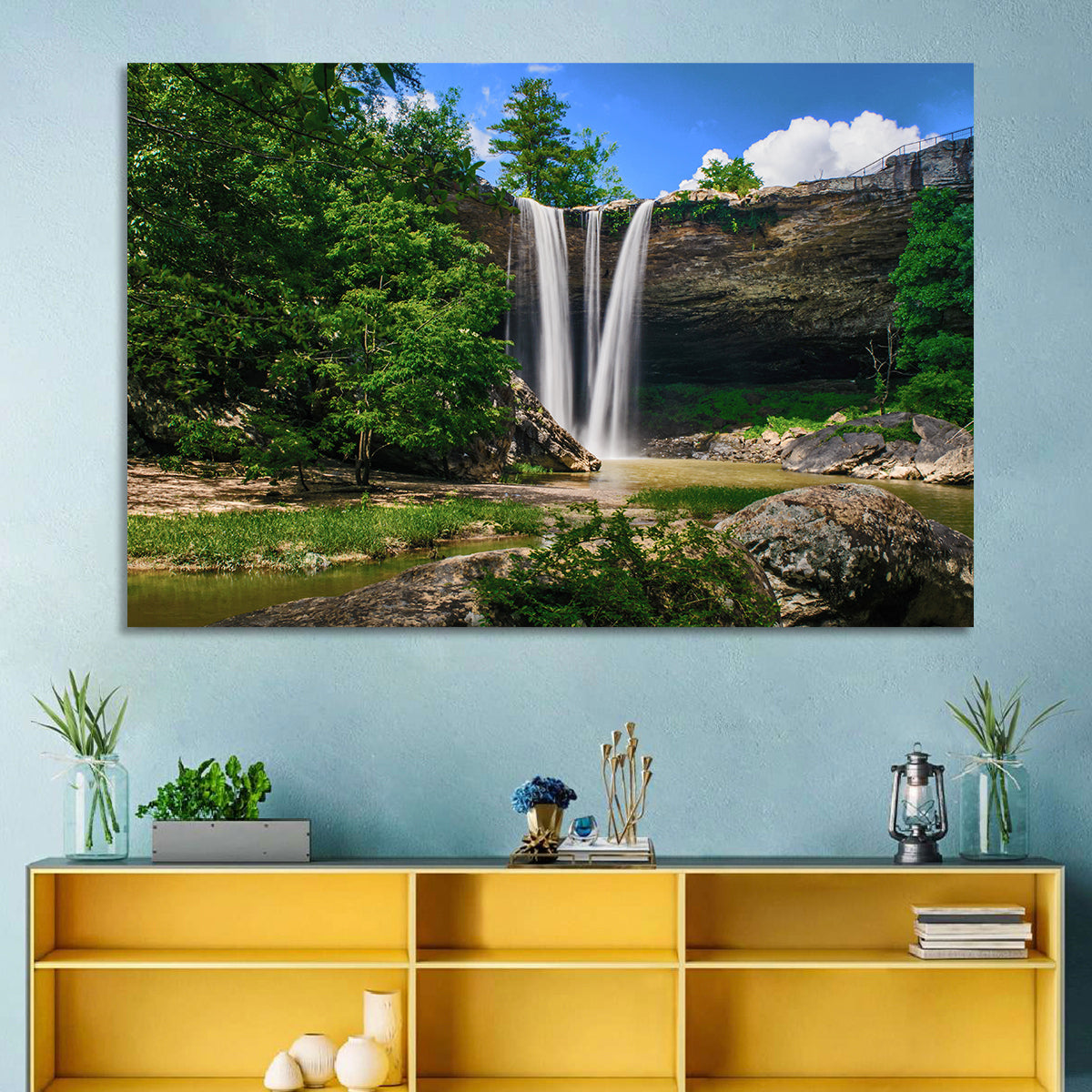 Noccalula Falls Waterfall in Daylight Wall Art in a room, landscape