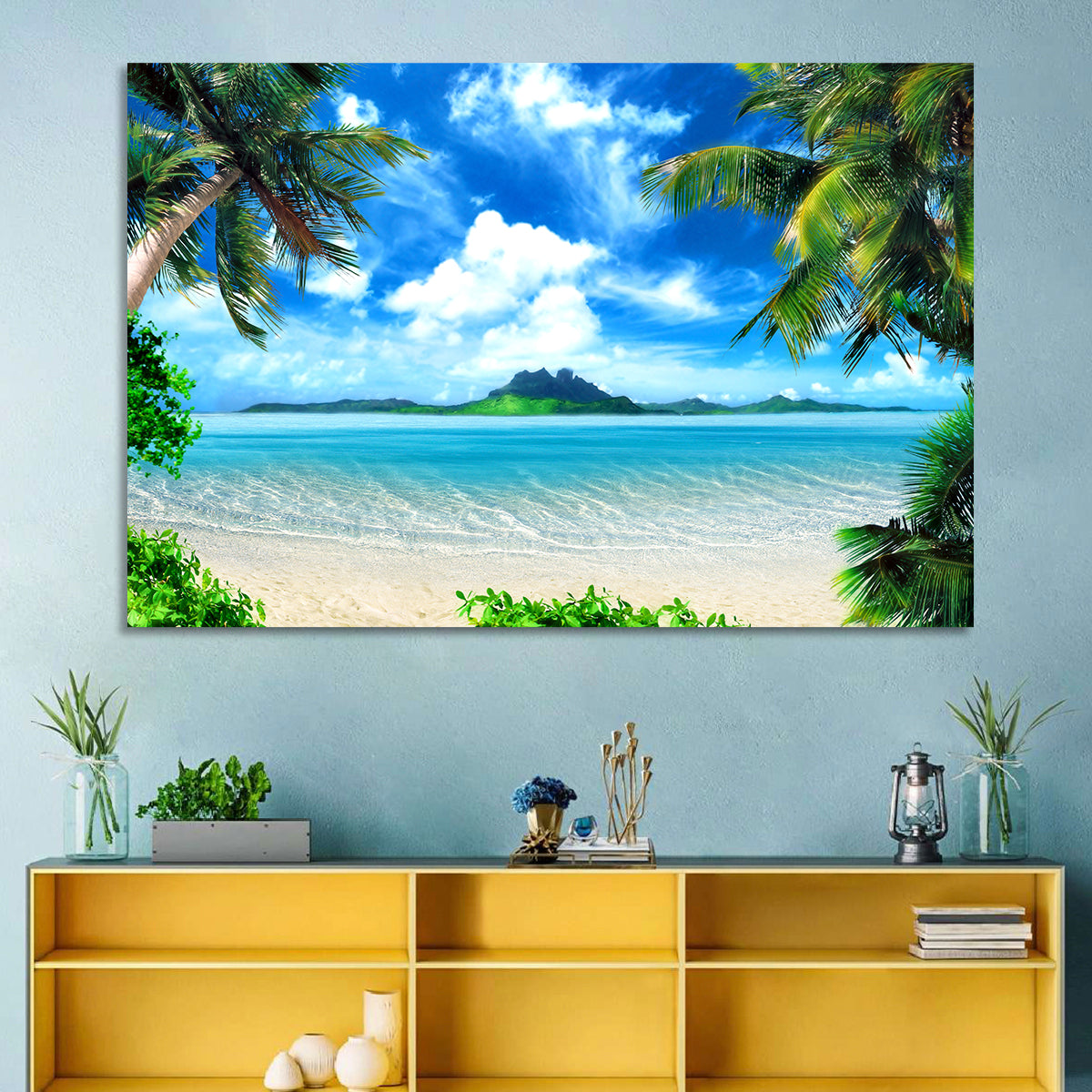 Palm-framed Tropical Island Beach Wall Art in a room, landscape