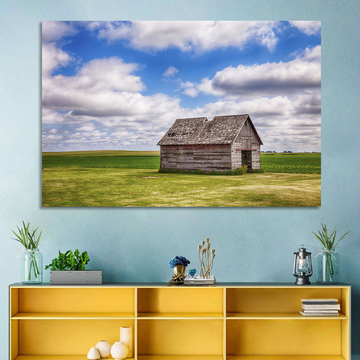 Old Farm Shed in Field Wall Art in a room, landscape