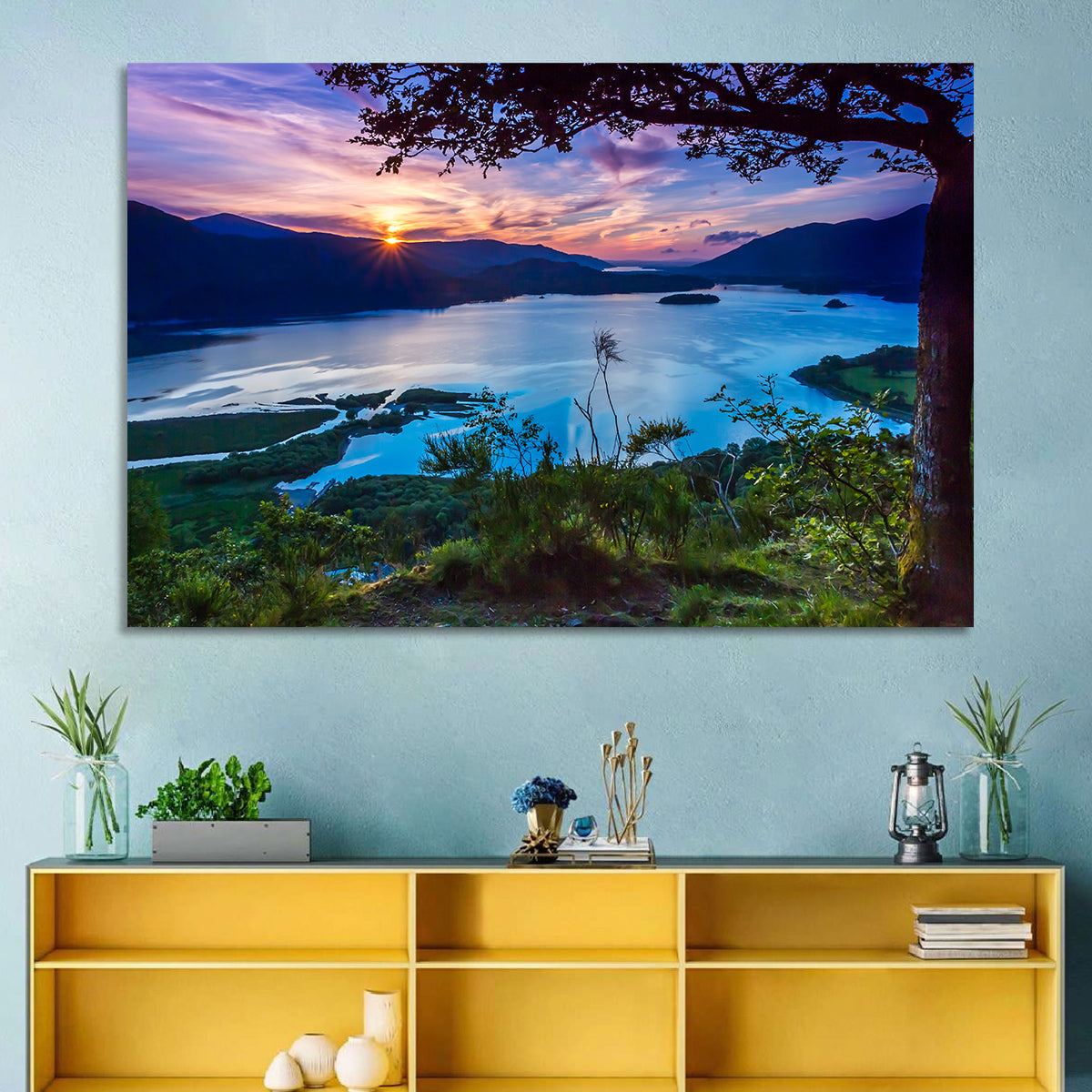 Bassenthwaite Lake Sunset Wall Art in a room, landscape