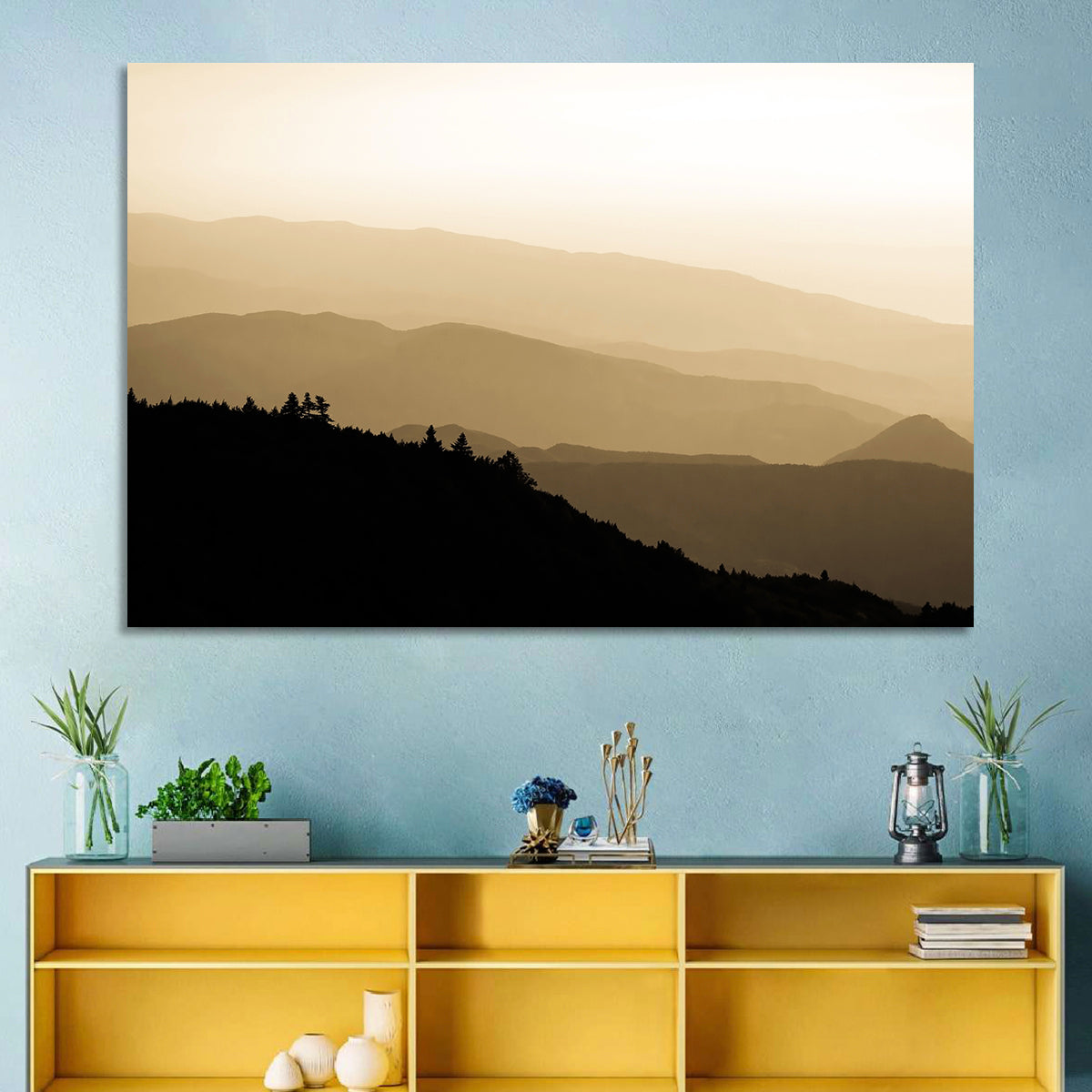Foggy Mountain Sunset with Evergreen Silhouettes Wall Art
