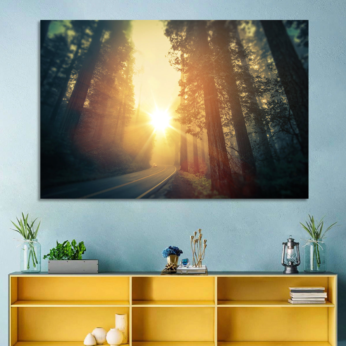 Misty Redwood Road with Golden Sunburst Wall Art in a room, landscape