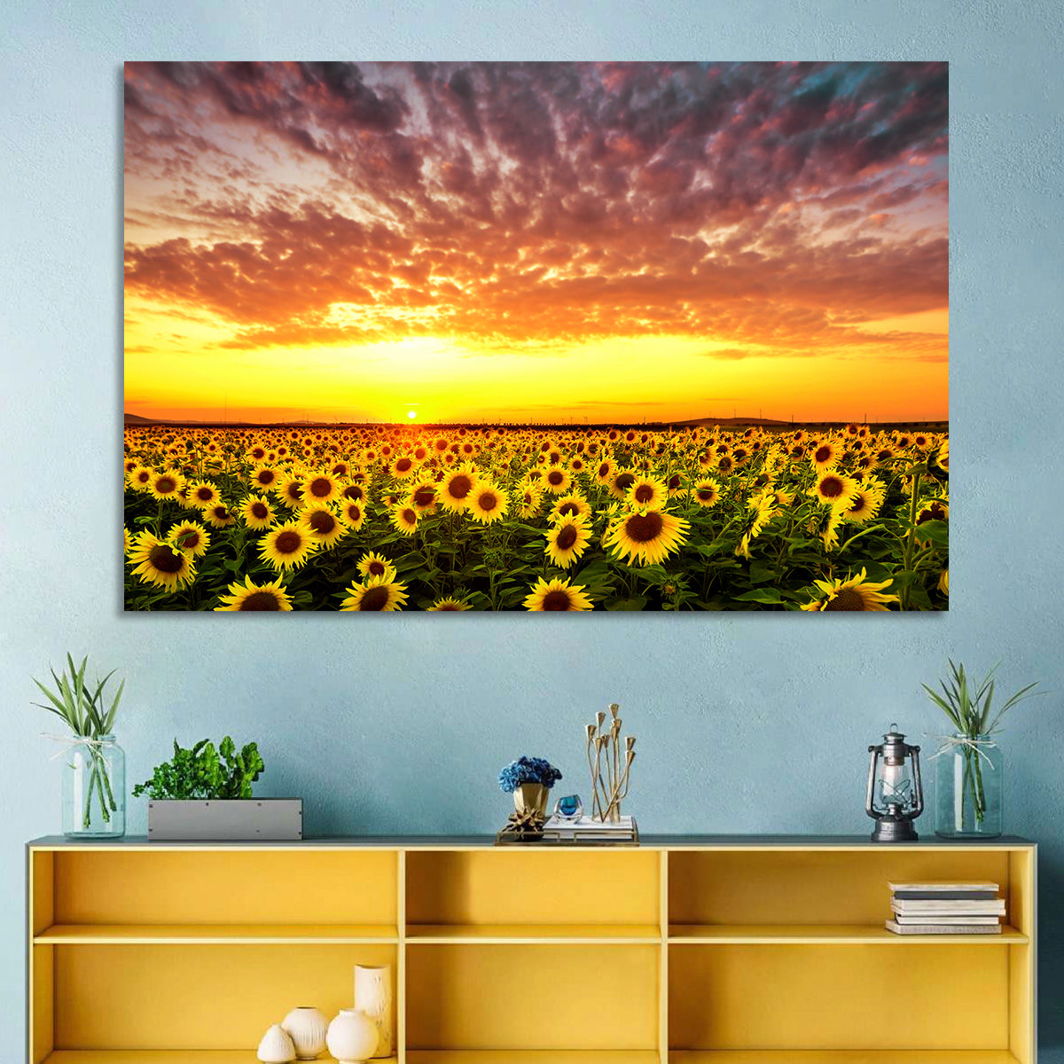 Golden Hour Sunflower Field Wall Art in a room, landscape