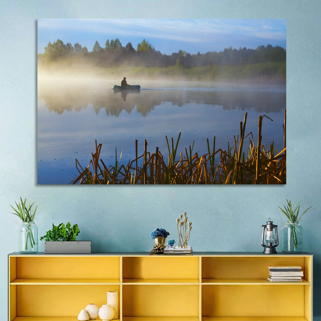 Misty Lake Fisherman Wall Art