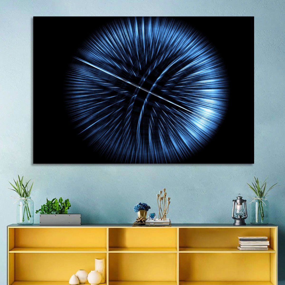 Glowing Blue Textured Sphere Wall Art in a room, landscape