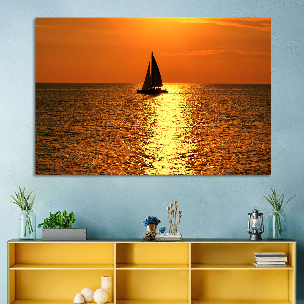 Sailboat Silhouette at Golden Sunset Wall Art in a room, landscape